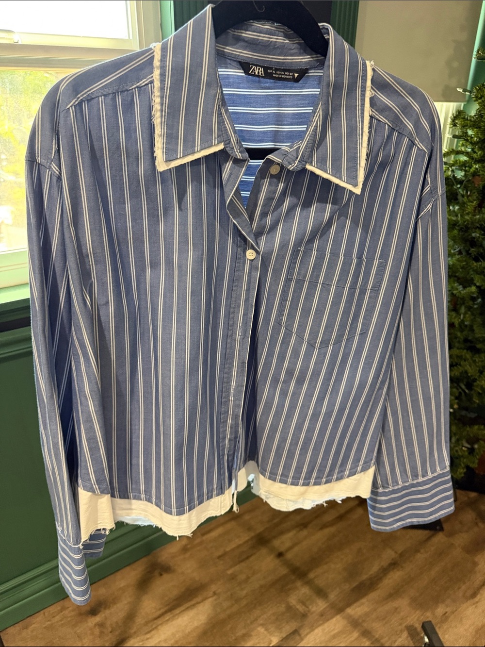 ZARA Blue and White Striped Button-Down Shirt with Frayed Hem